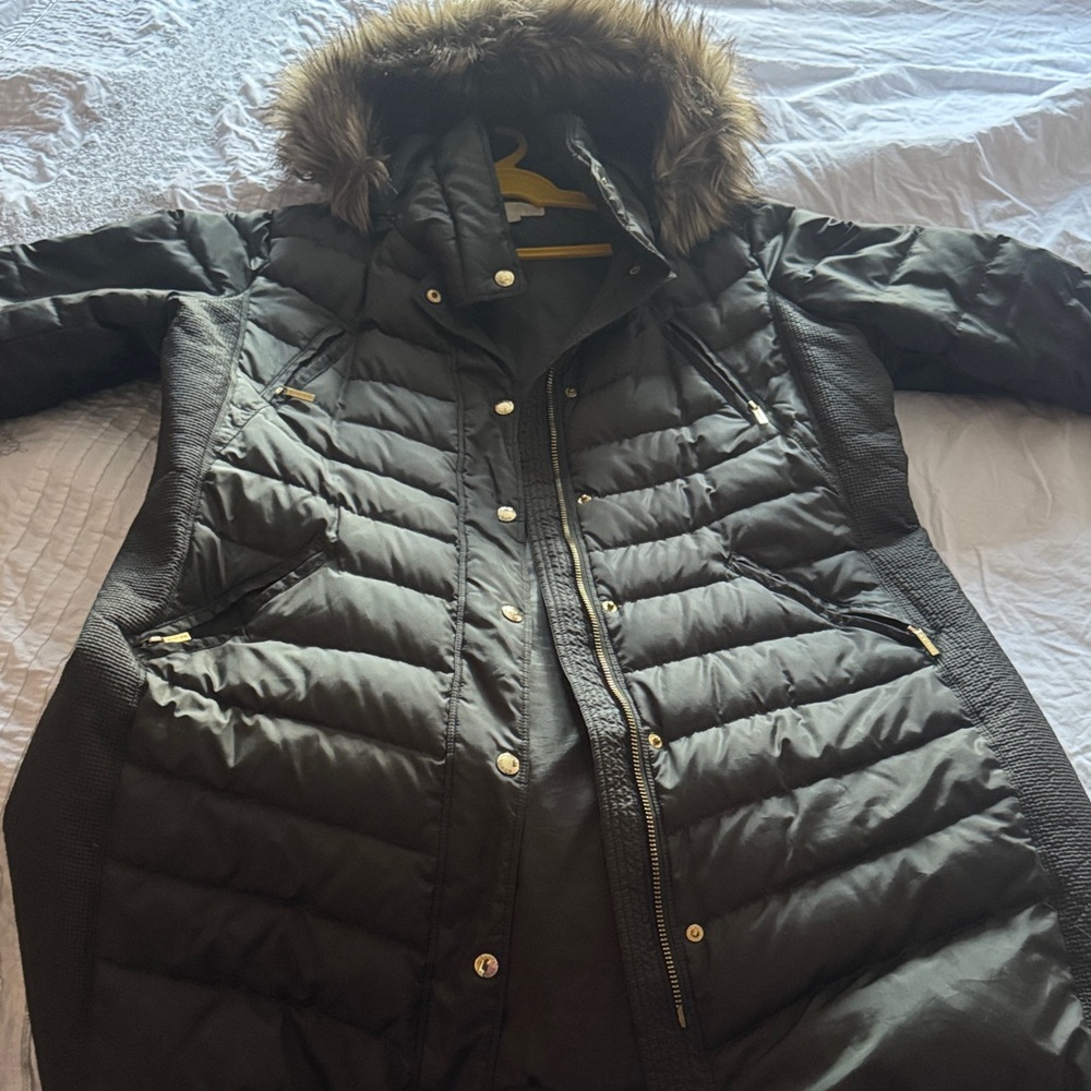 Michael Kors Dark Puffer Jacket with Faux Fur Trim